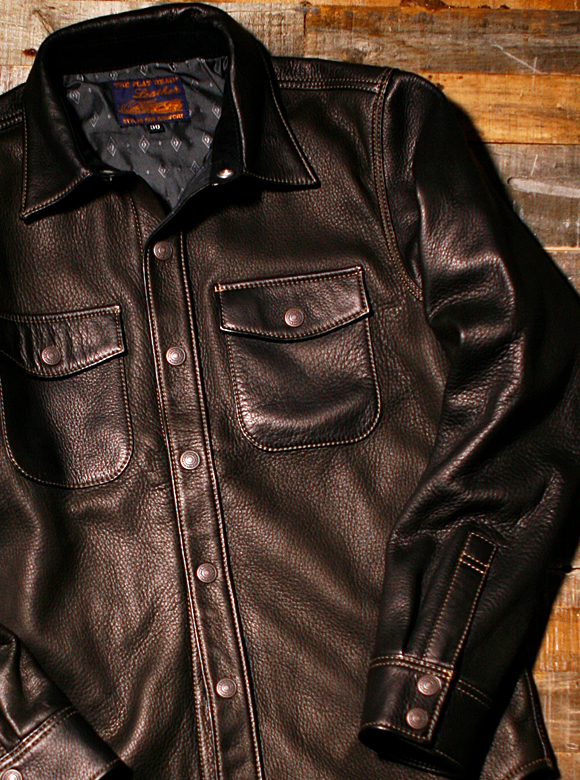 フラットヘッド ディアスキンレザーシャツ 36 黒-